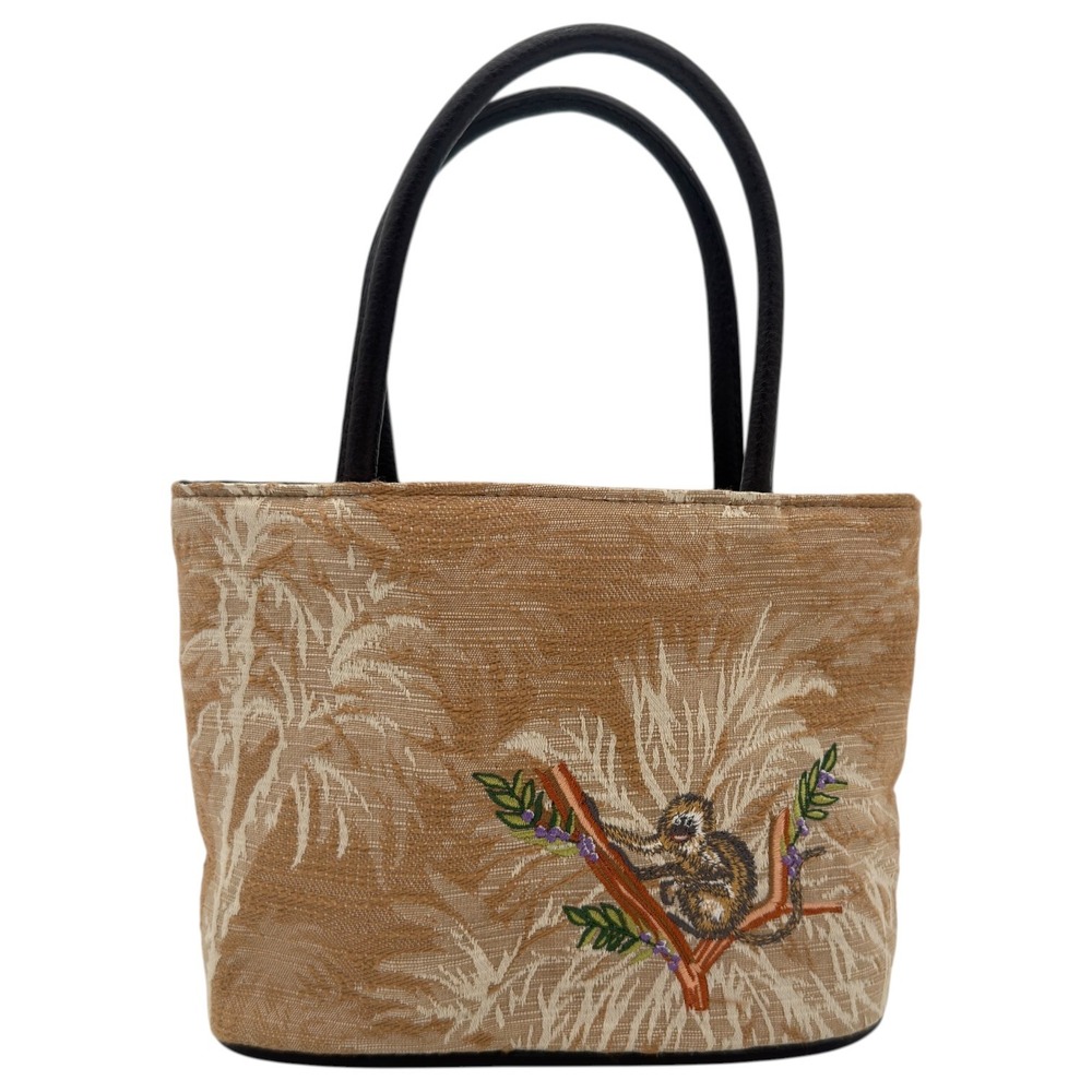 Bueno Monkey Embroidered Tapestry Mini Tote Bag Tropical Palm Shoulder Purse